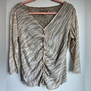 Vintage i.e Zebra Print V-Neck Center Ruffle Blouse - Size Large